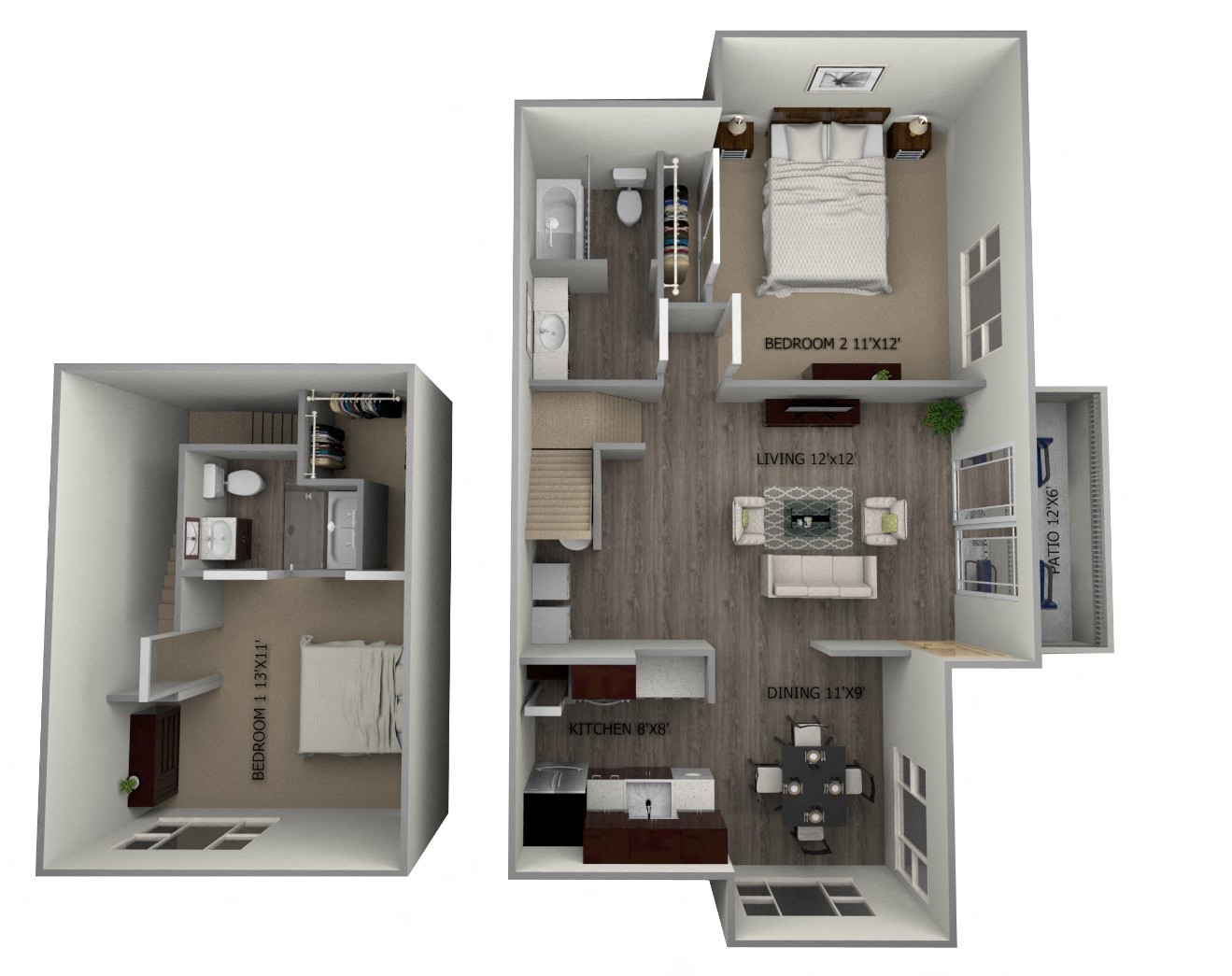 Floor plan for 2 beds, 2 baths, 925 sqft